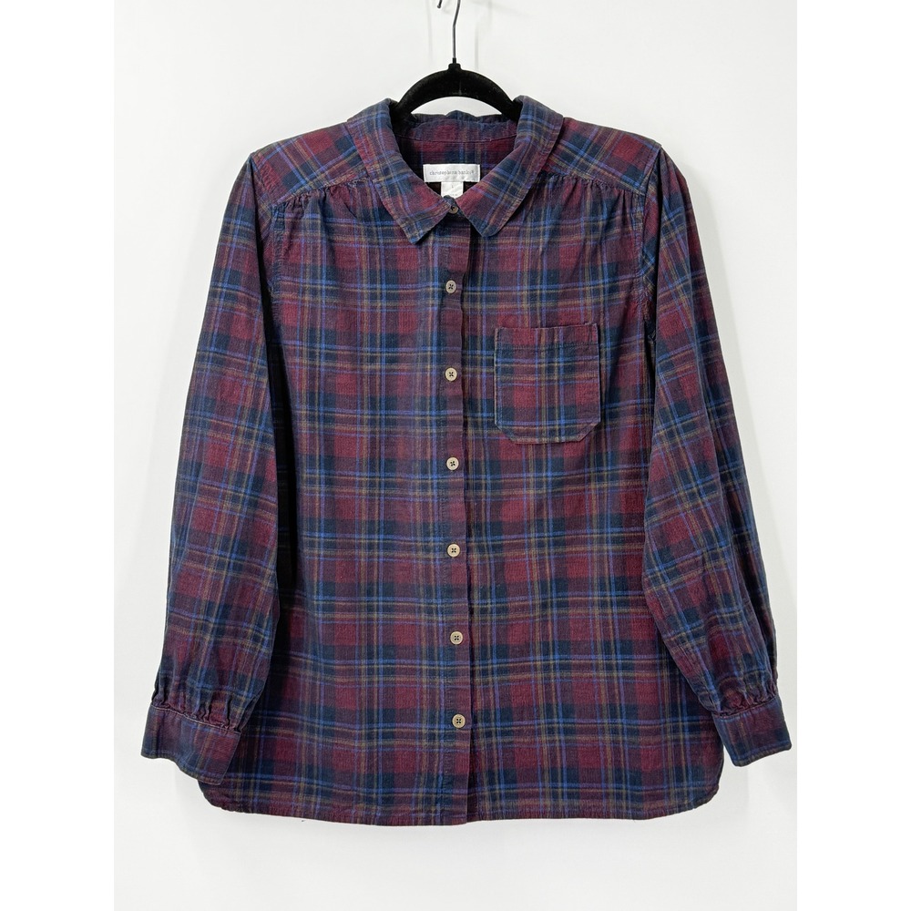 Christopher Banks Corduroy Plaid Button Down Shirt Womens sz L Cabincore twee
